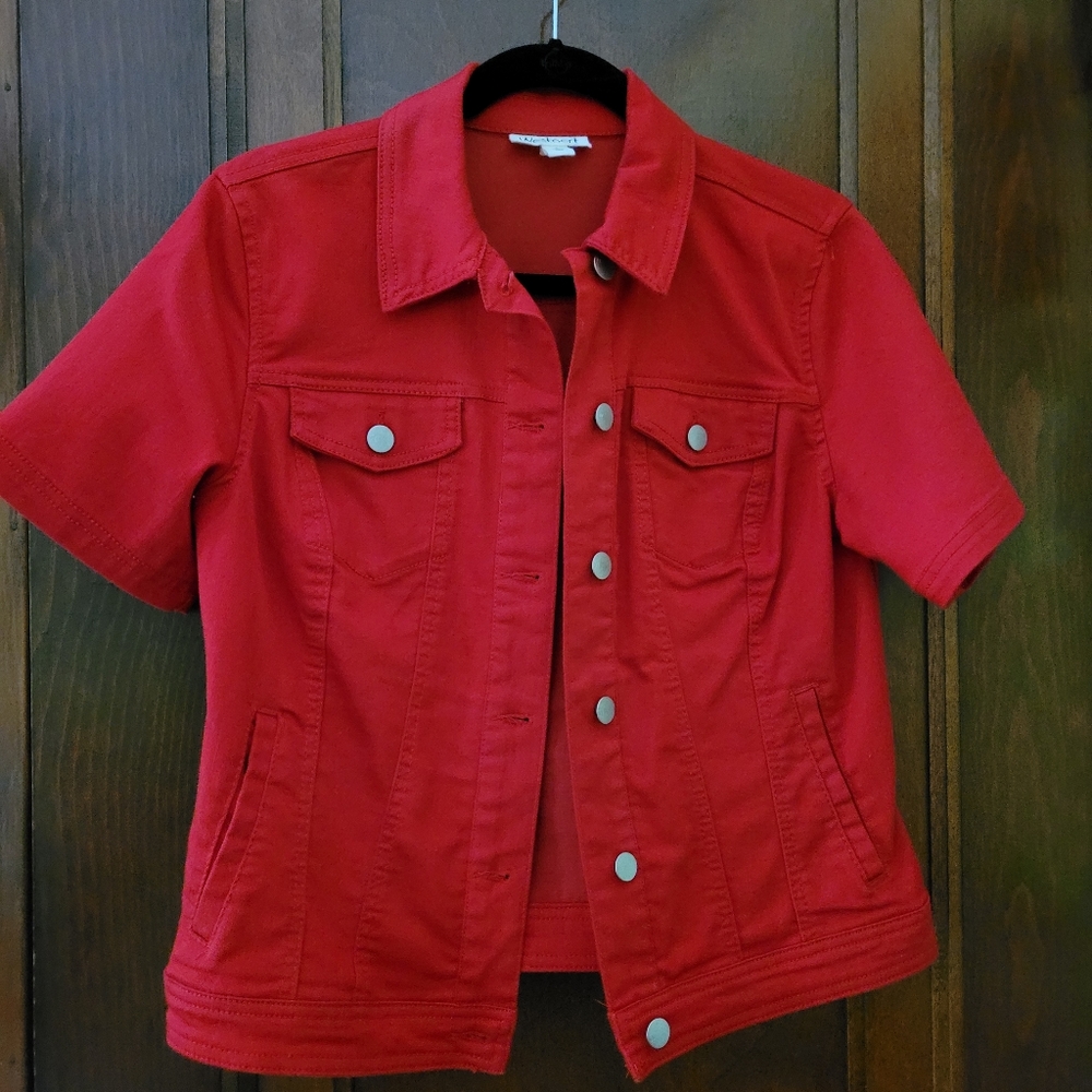 Westport chambray, short-sleeved, candy apple red. Adorable Jean jacket.